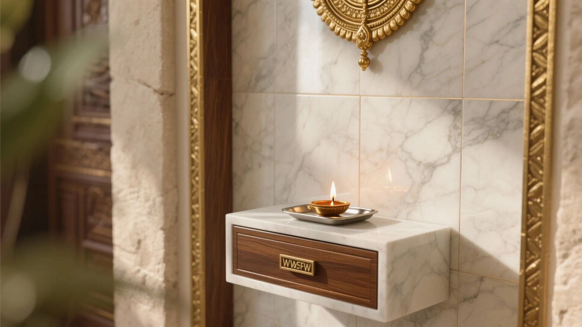 Small lit oil lamp on a marble and wood floating shelf against a marble wall