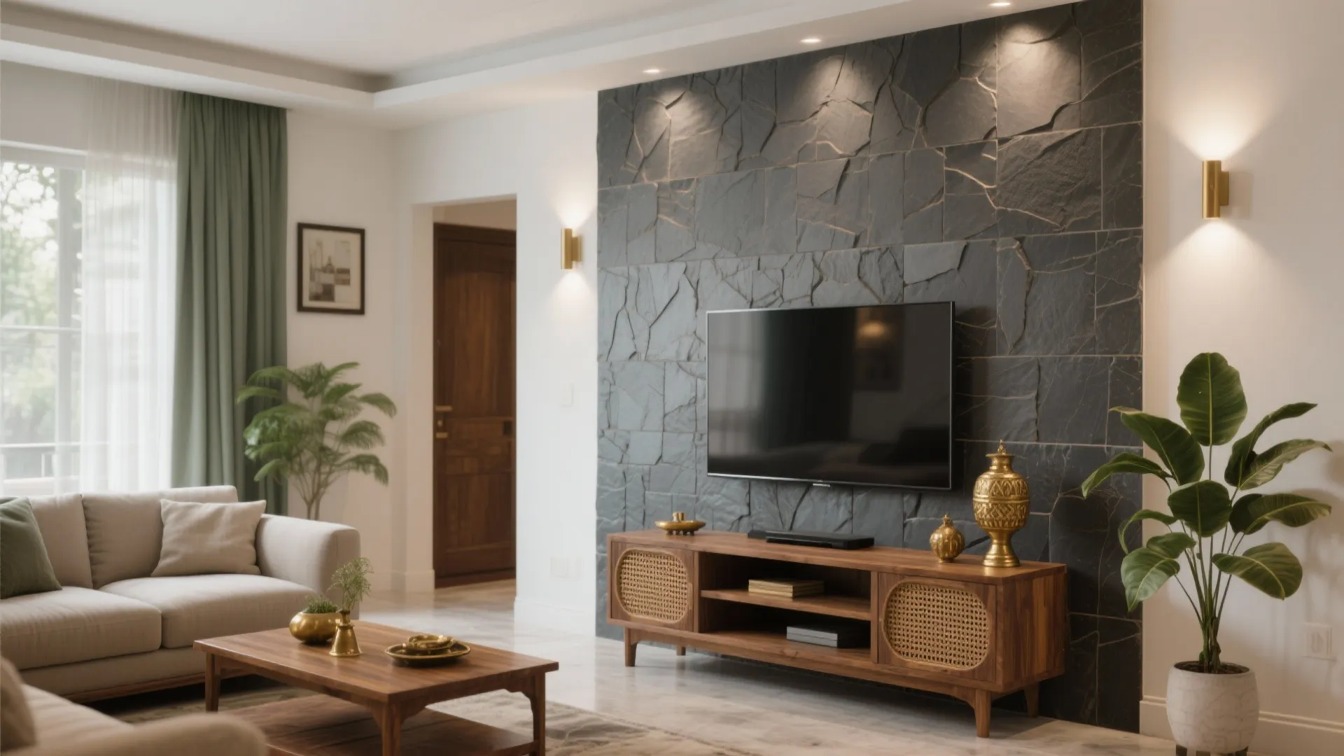 1) Earthy Stone-Look Accent Wall