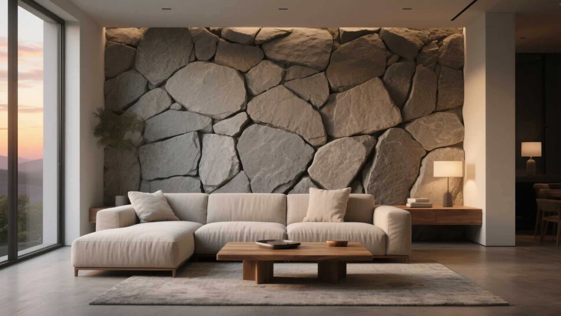 Modern living room featuring stone wall beige sofa wooden coffee table large window and lighting
