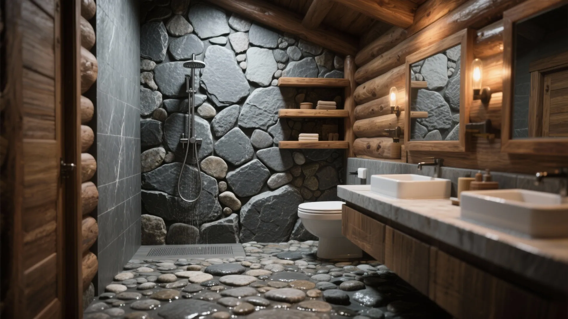 2. Stone Accent Wall or Pebble Shower Floor