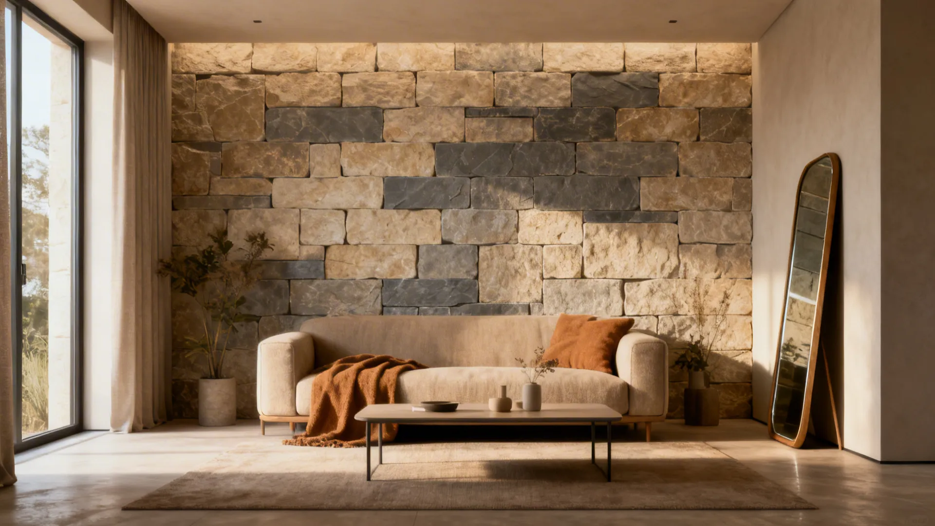 Living room with stone accent wall beige sofa coffee table and tall mirror near windows