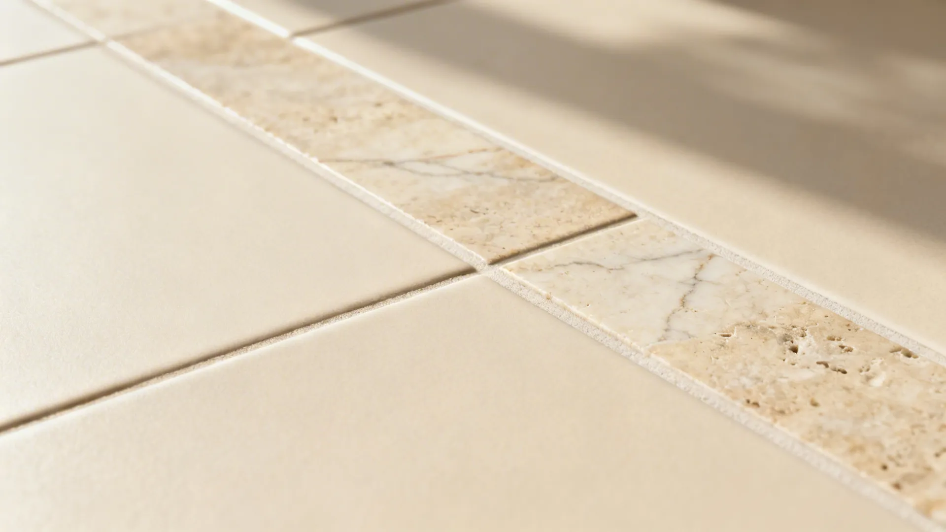 Close-up of matte cream tile meeting a travertine-look accent strip with light grout.