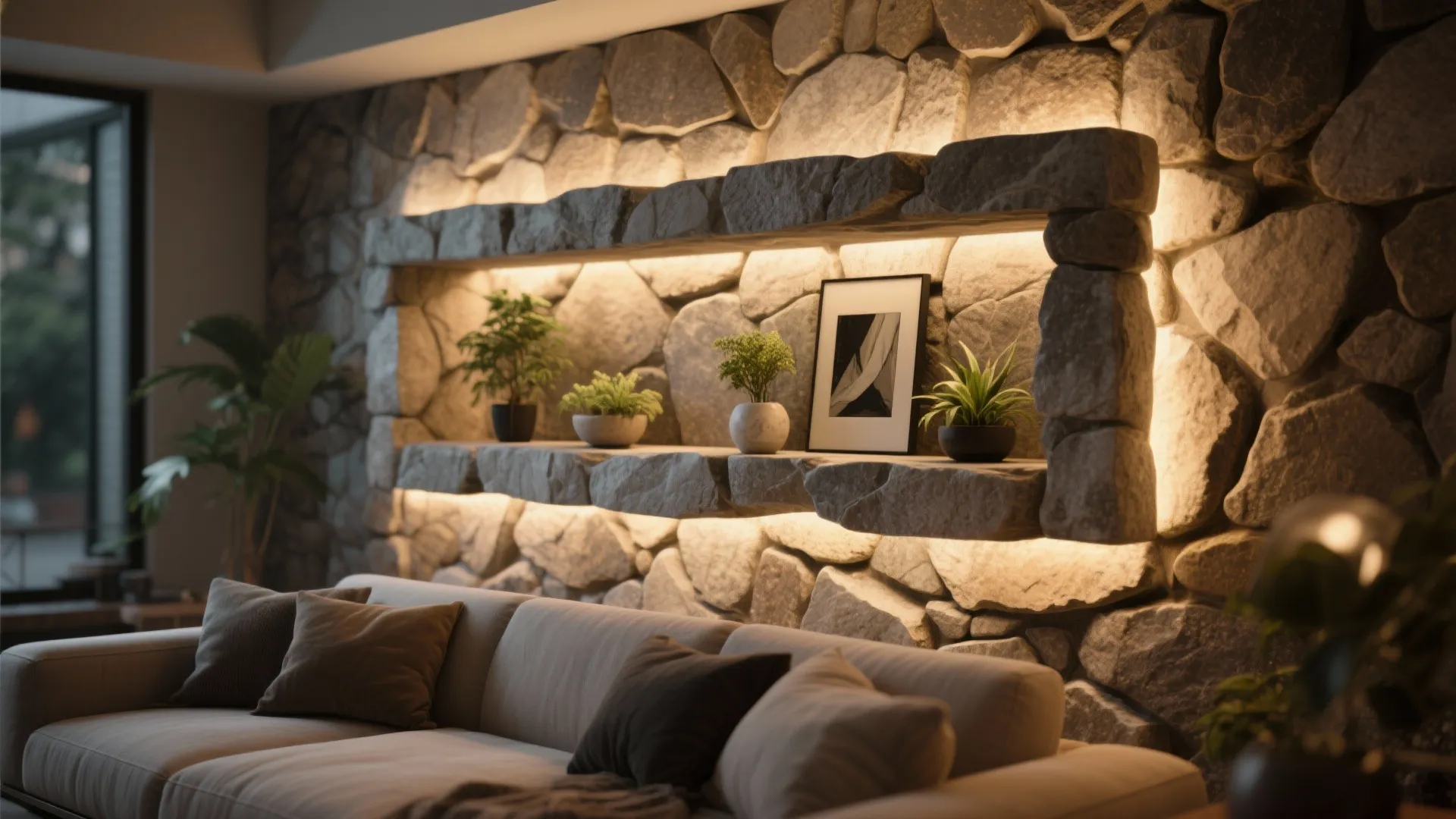Stone wall niche with plants and warm backlighting