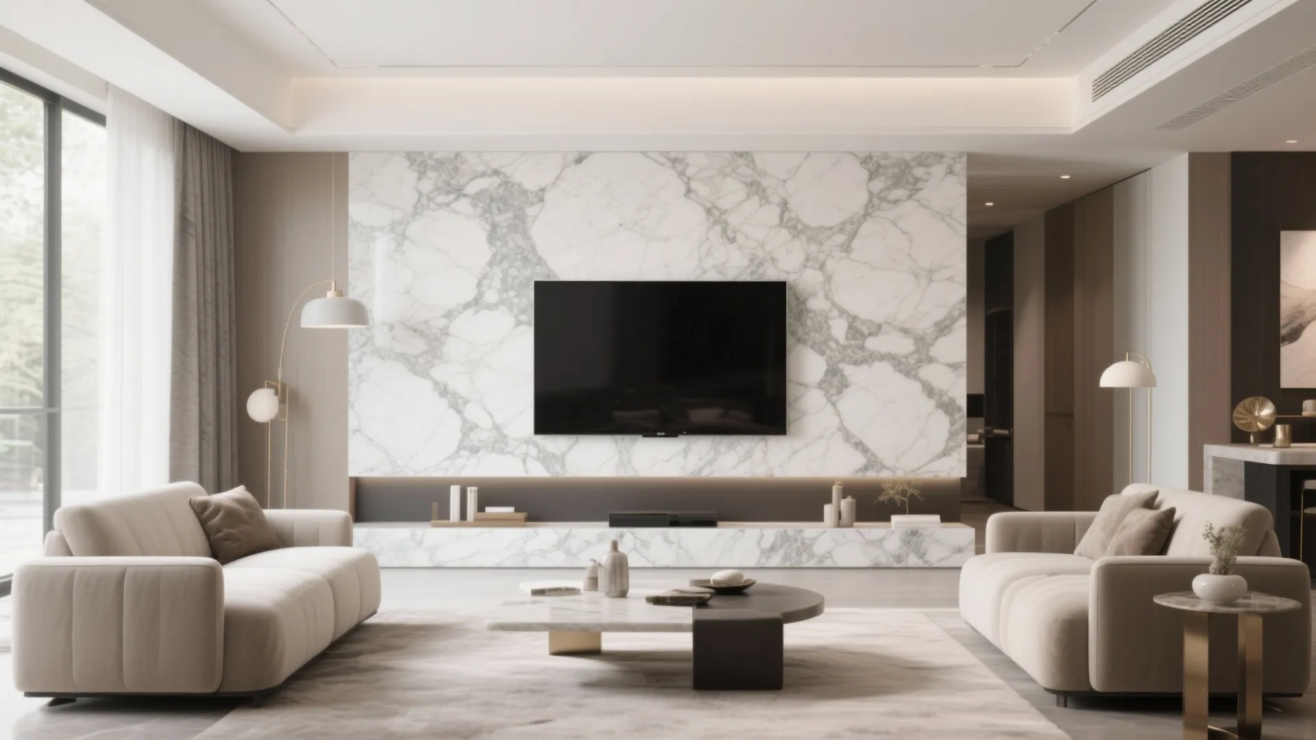 Modern living room with marble wall panel behind television two beige sofas and floor lamps
