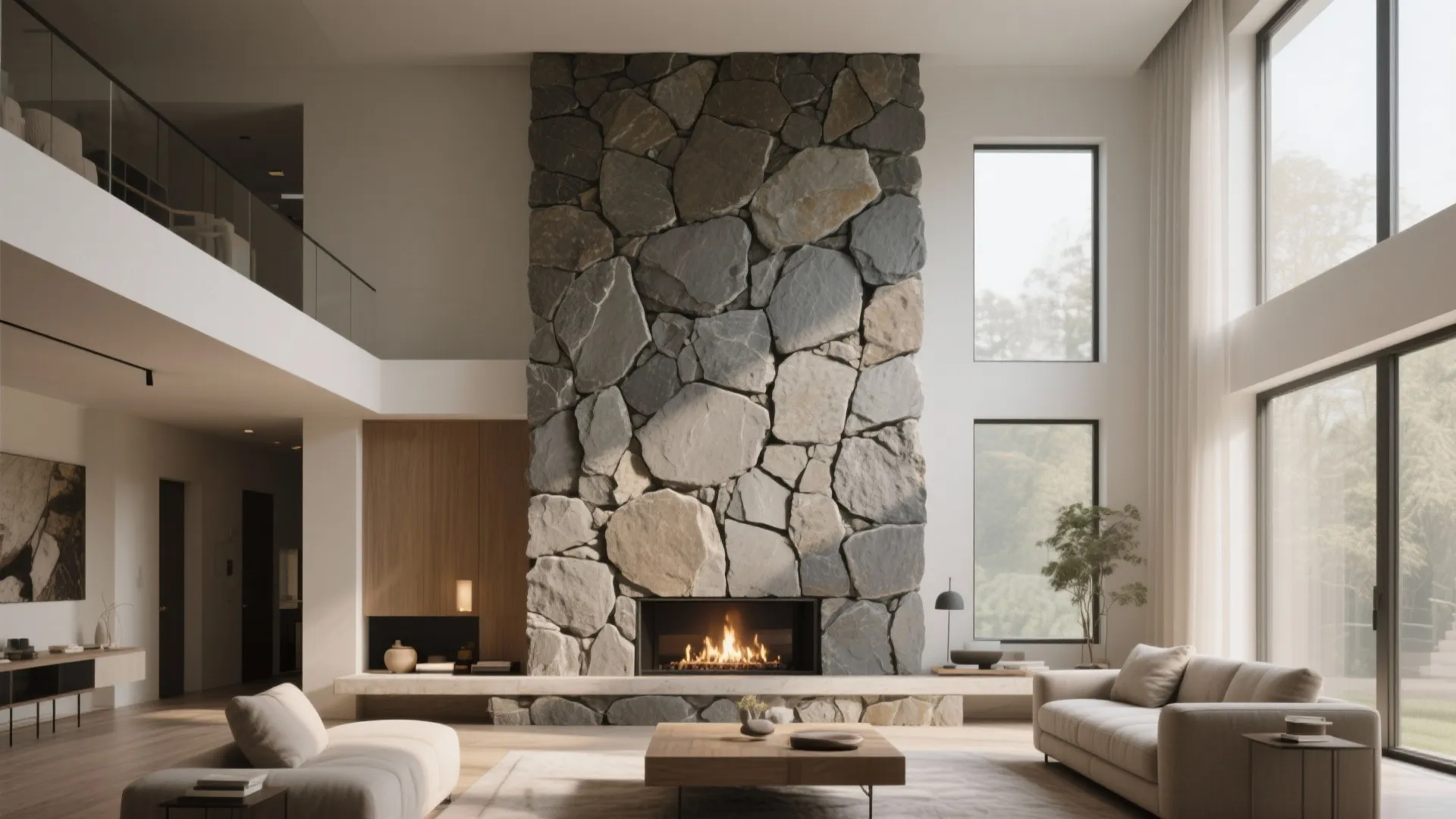 2. Double‑Height Accent Wall with Natural Stone