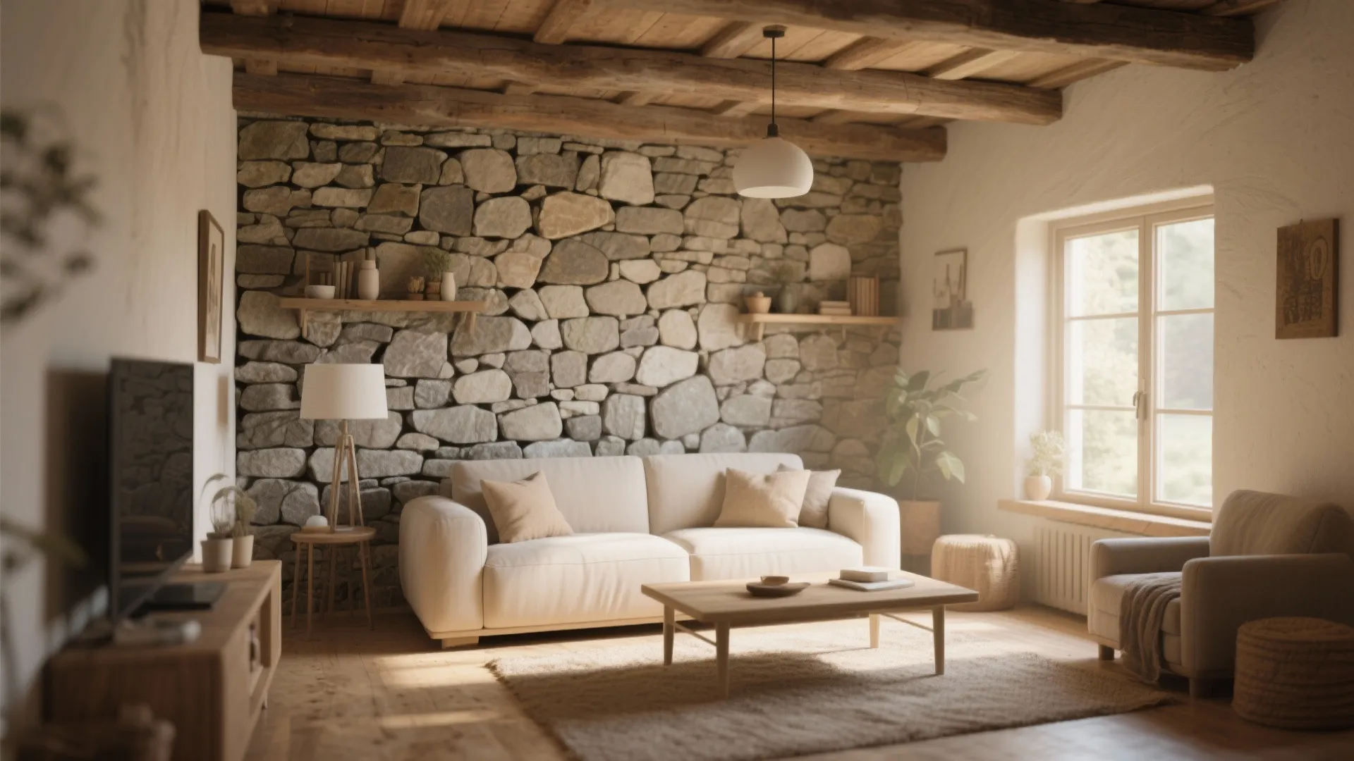 Rustic living room with stone wall white sofa wooden coffee table and warm natural window light