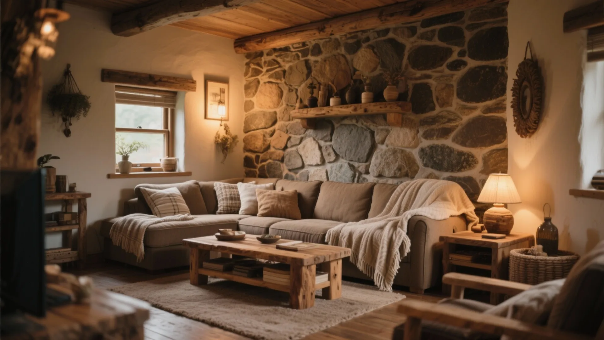 Rustic living room with large stone wall brown sofa wooden coffee table and warm table lamp