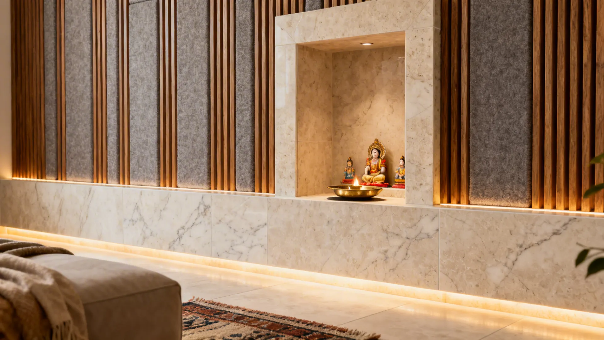 Stone-clad pooja alcove with ribbed wood slats over acoustic felt and warm lighting.