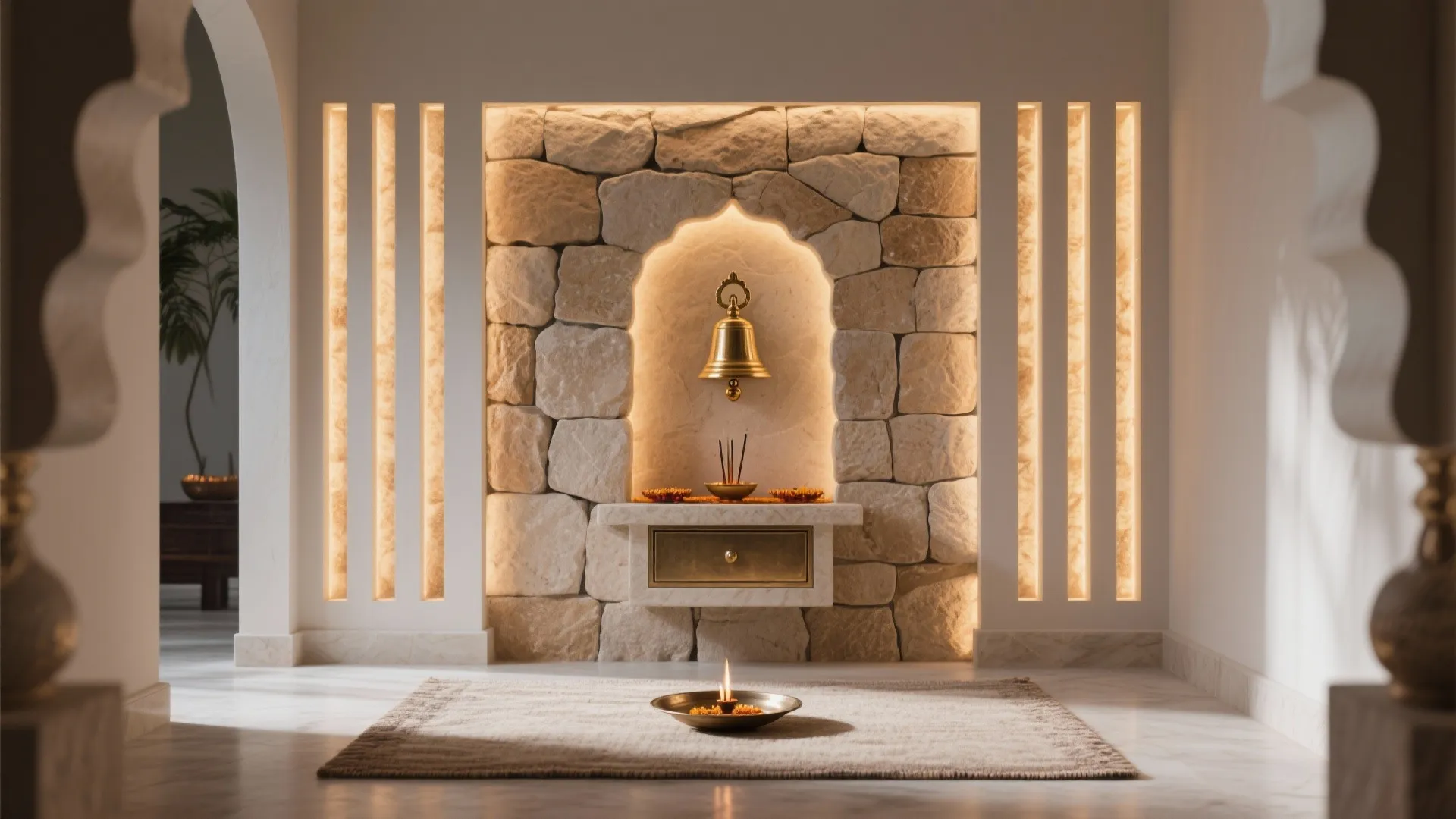5) Stone-clad altar wall with side slot partition