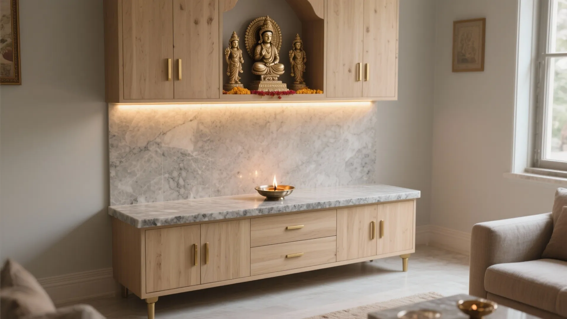 Stone-topped altar with storage and safety-first setup