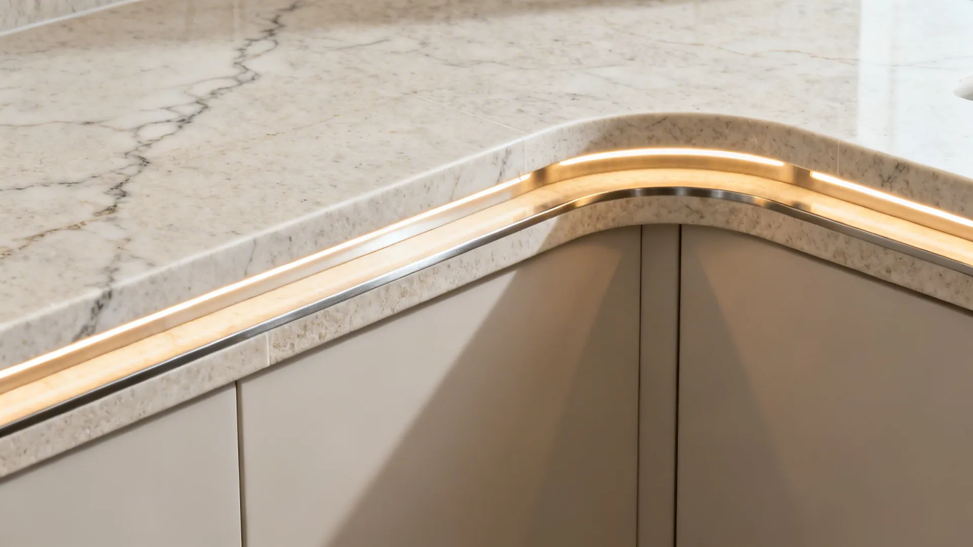 Macro of stone arch return with natural veining and recessed LED task lighting above the range.