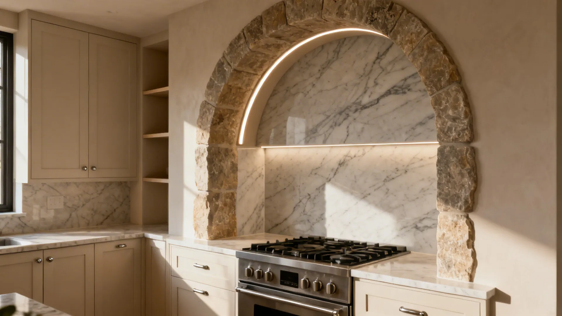 Small kitchen with a statement stone arch framing the range niche and continuous slab backsplash with task lighting.