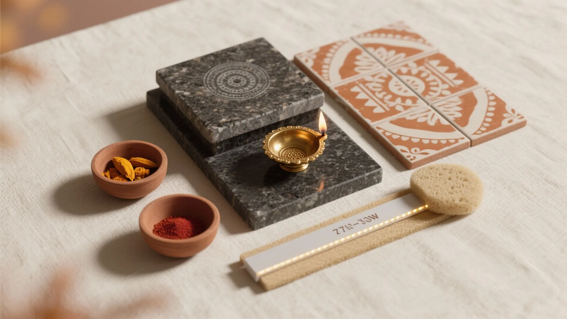 Stone plinth with Athangudi tiles and Vastu-friendly light