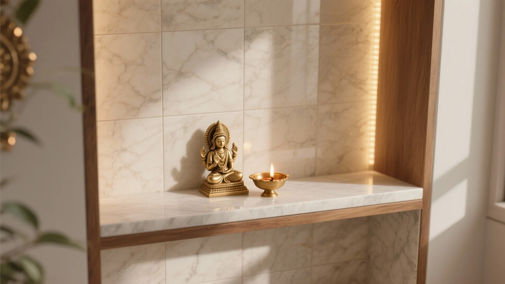 Compact mandir with honed beige stone backdrop, subtle veins, and warm LED accent.