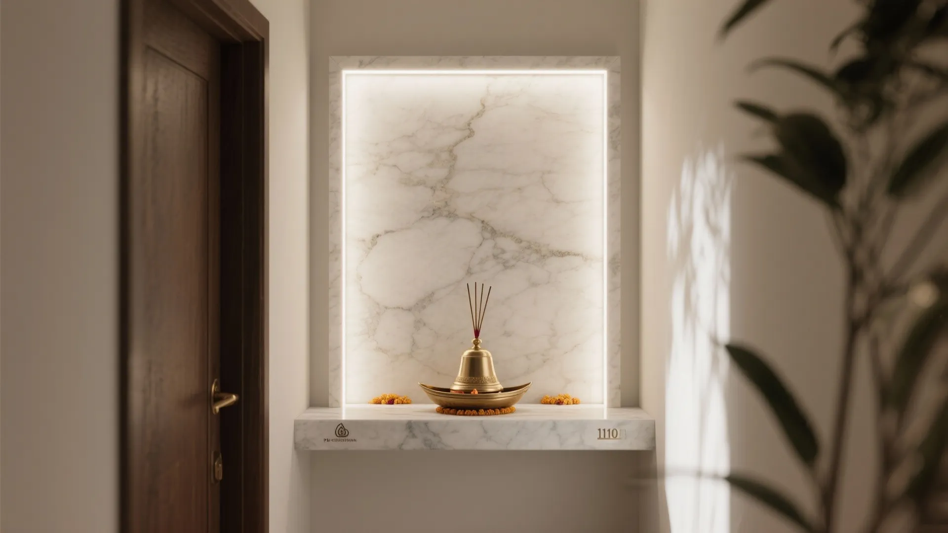 Pooja altar with light stone backdrop and hidden LED halo creating soft indirect lighting in a compact entryway.