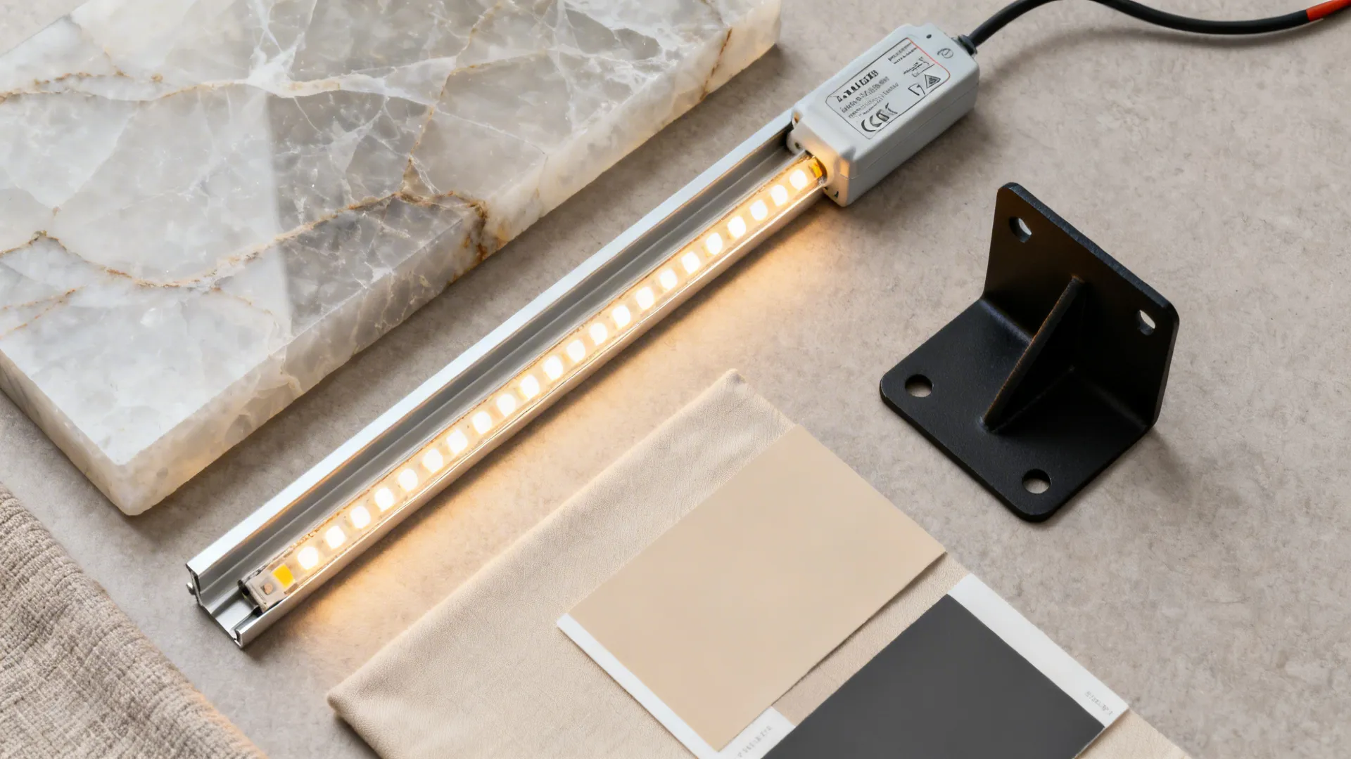 Flatlay of onyx sample, LED strip, aluminum profile, matte black hardware, and neutral swatches.