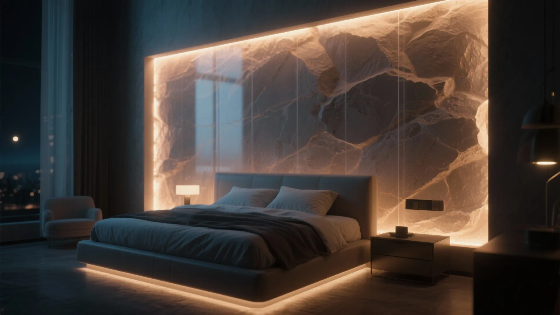 5. Backlit stone panels — subtle drama at night