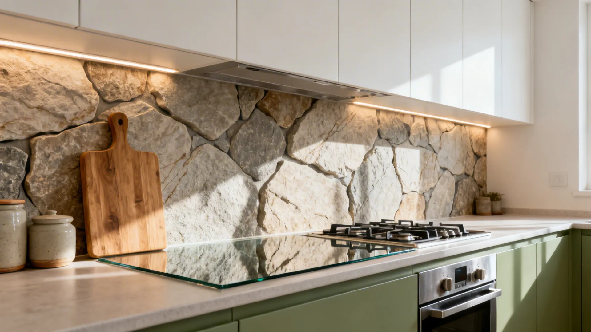 Small kitchen with 3D stone-print wallpaper as backsplash, glass shield behind cooktop, and LED task lights.