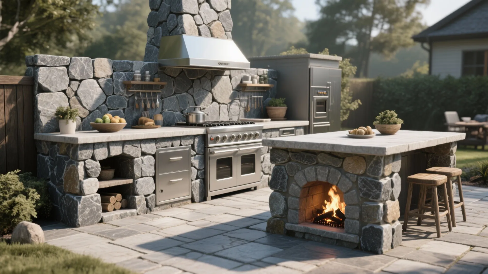Outdoor stone kitchen with a built in stove fireplace island wooden stools and grey countertop