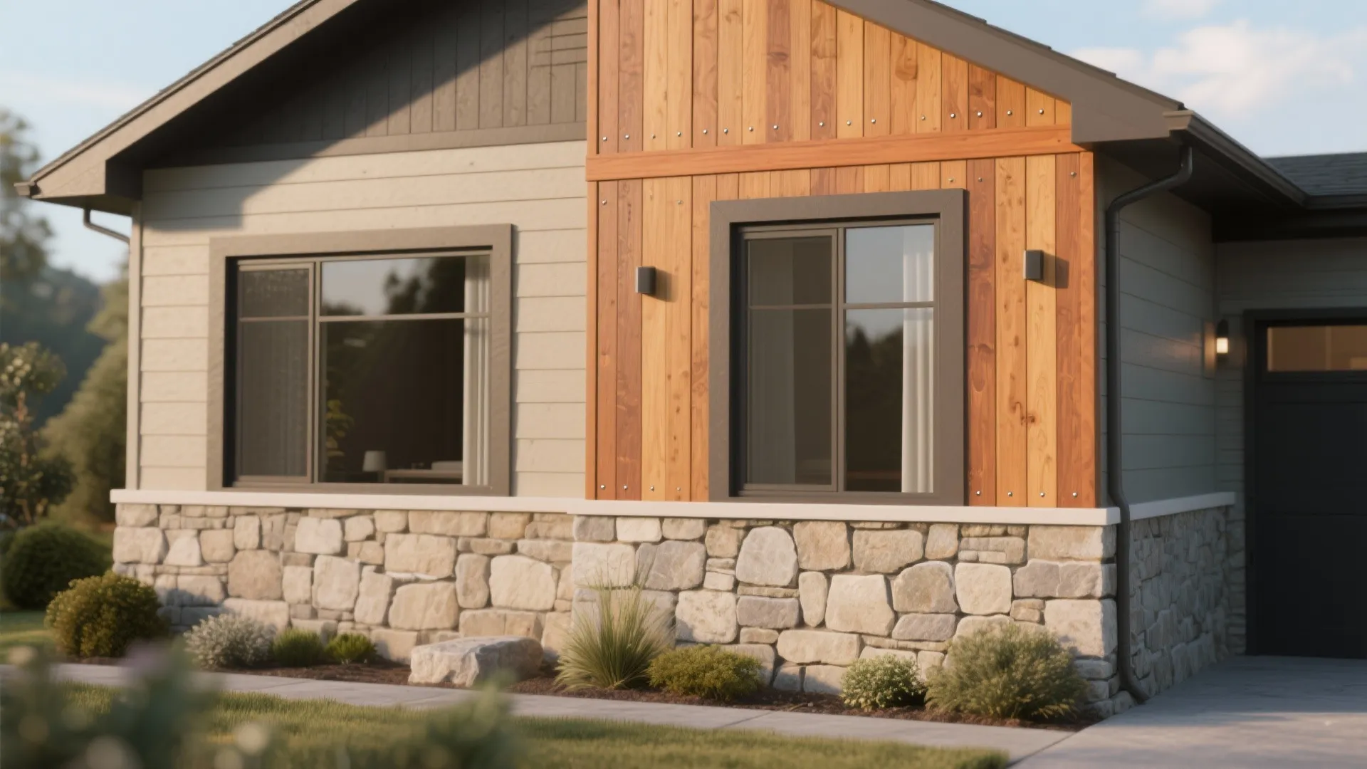 Mixed‑material composition: stone base + composite planks