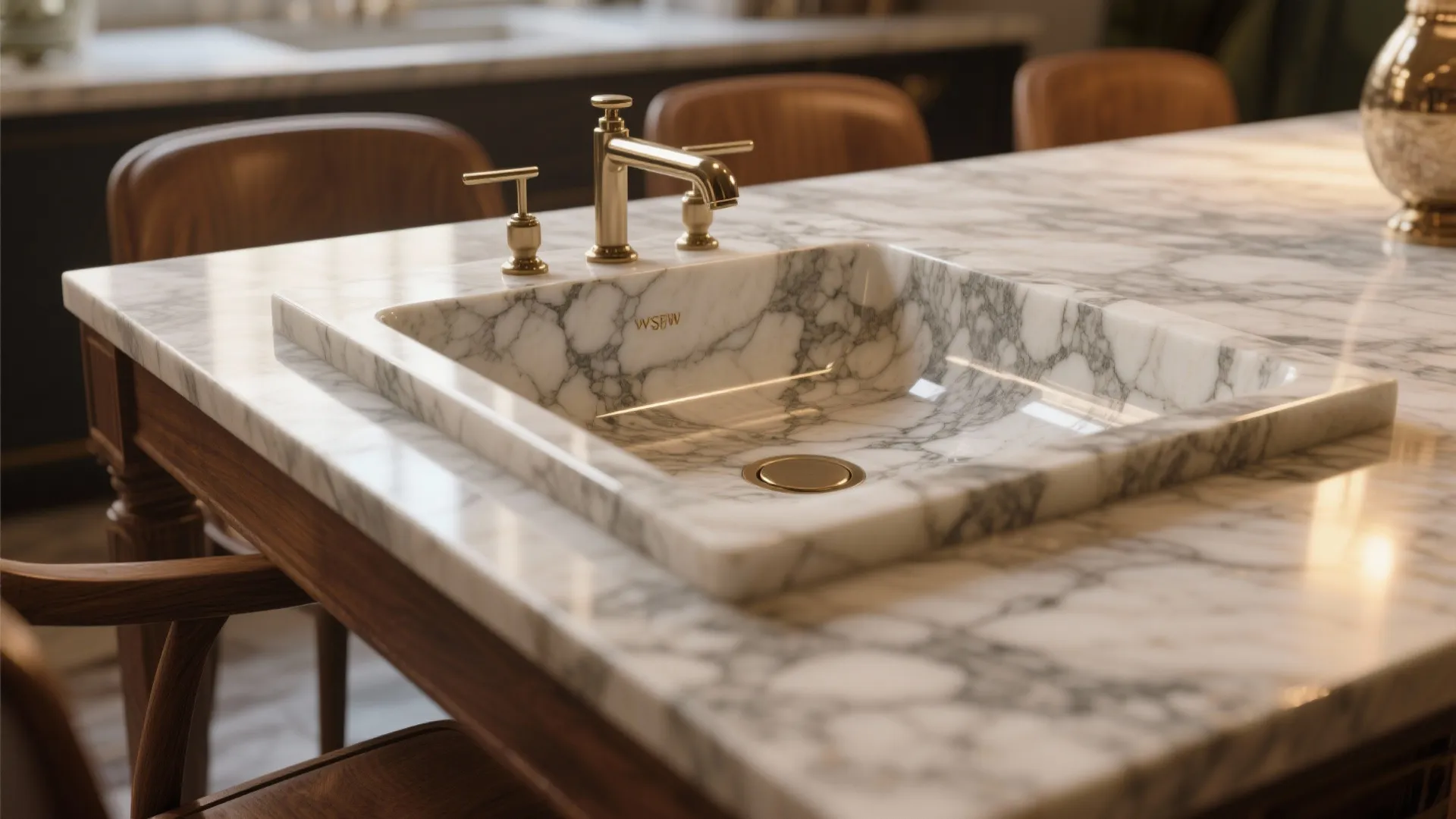 Modern rectangular marble sink with gold faucet on a marble countertop in a bright room