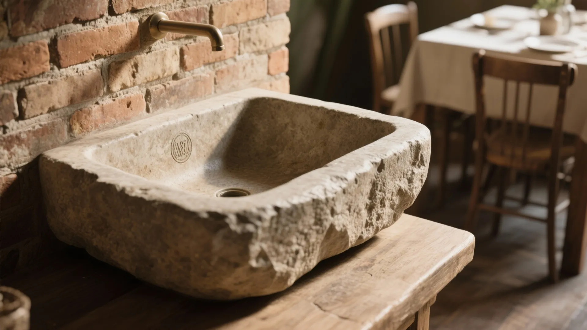 Natural stone sink on wood table against red brick wall with gold faucet and light