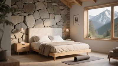 Rustic Modern Bedroom with Stone Accent Wall & Mountain Views