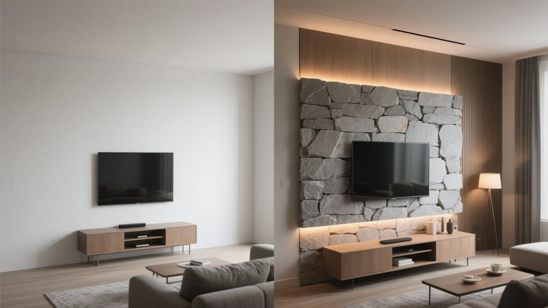 Slim Stone Veneer With Warm Lighting