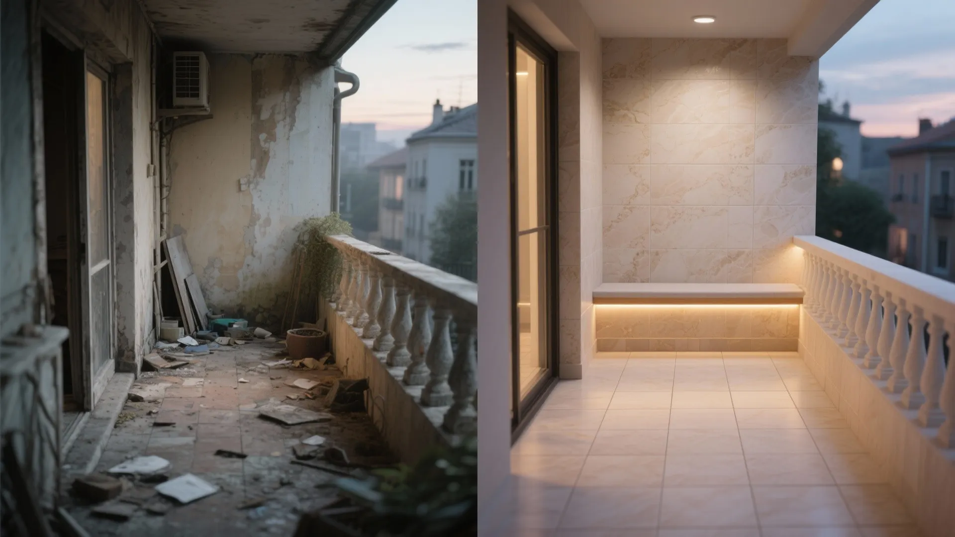 Split image showing balcony before and after with large-format limestone-look tiles and warm LED light.