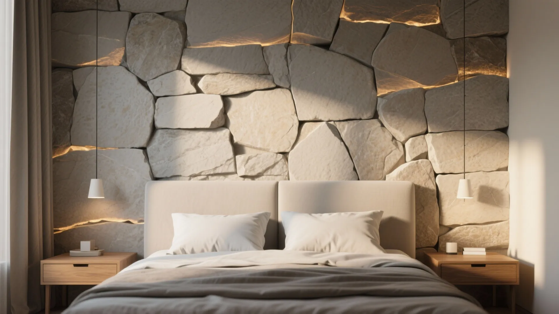 1. Accent behind the bed: natural stone feature