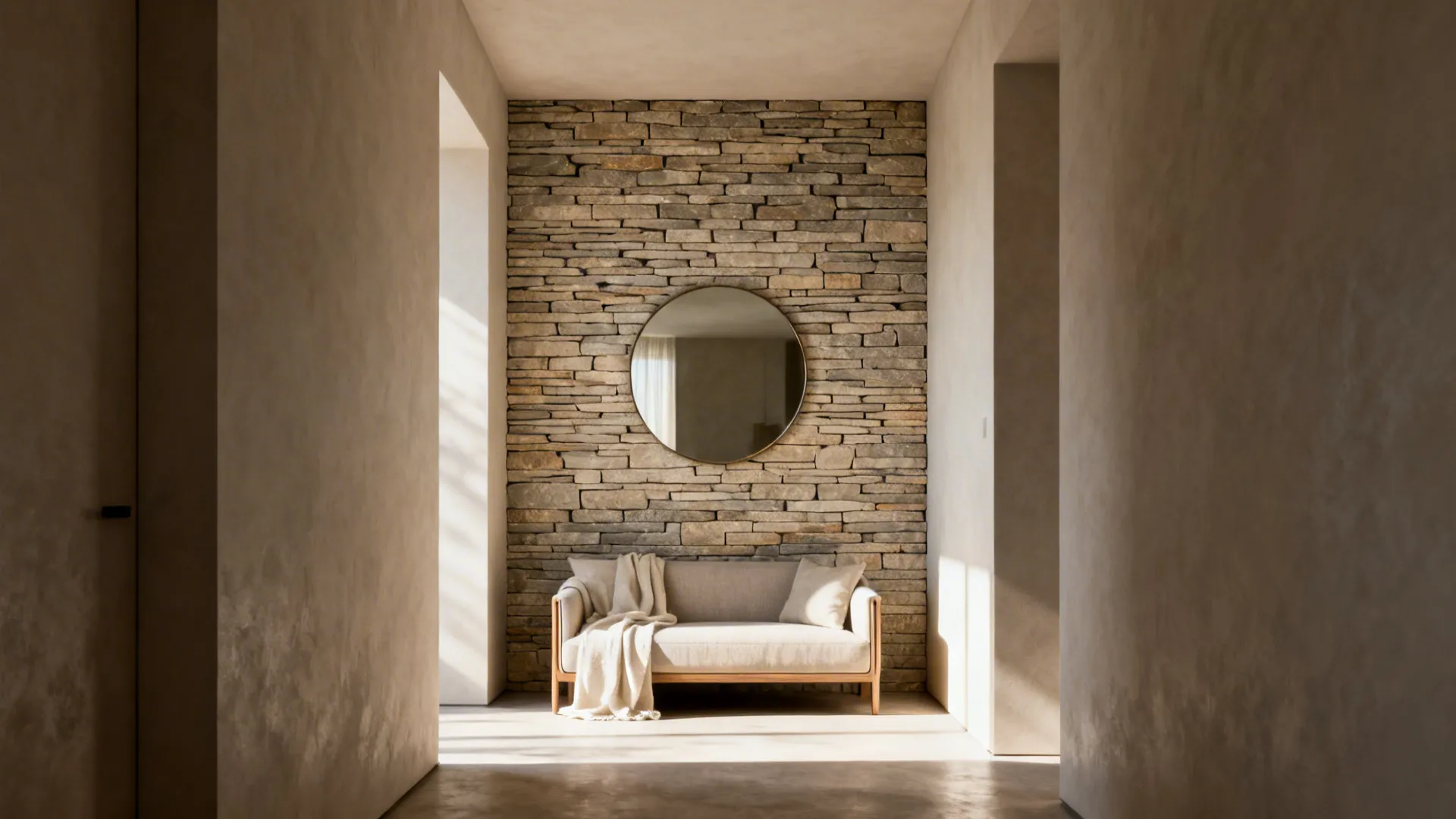 Hallway view showing a small beige sofa against a rough stone wall with a round mirror