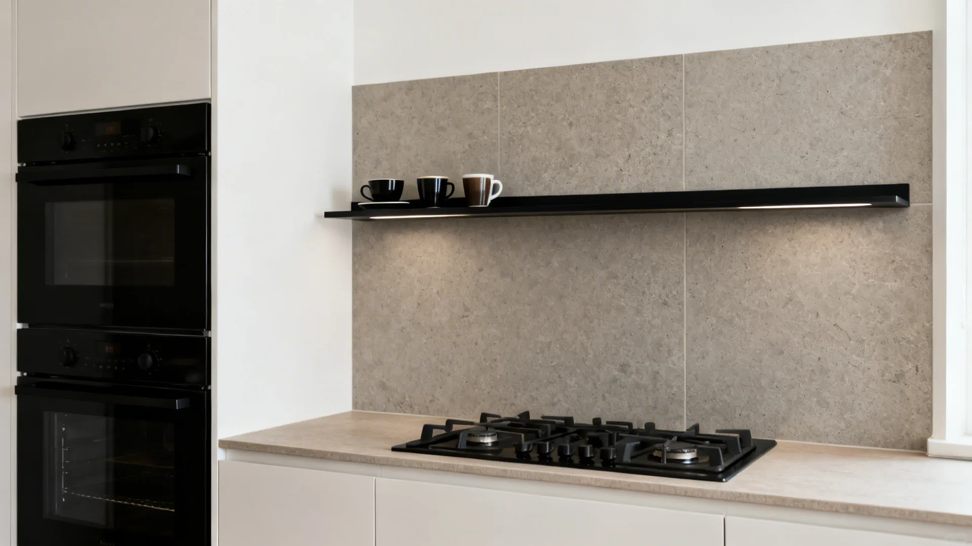 Black appliances with matte stone-look porcelain backsplash and a slim black steel shelf.