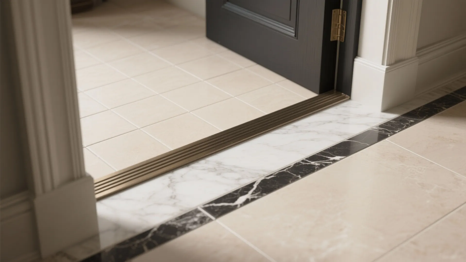 Doorway floor transition showing white marble and black stone border tiles next to a door