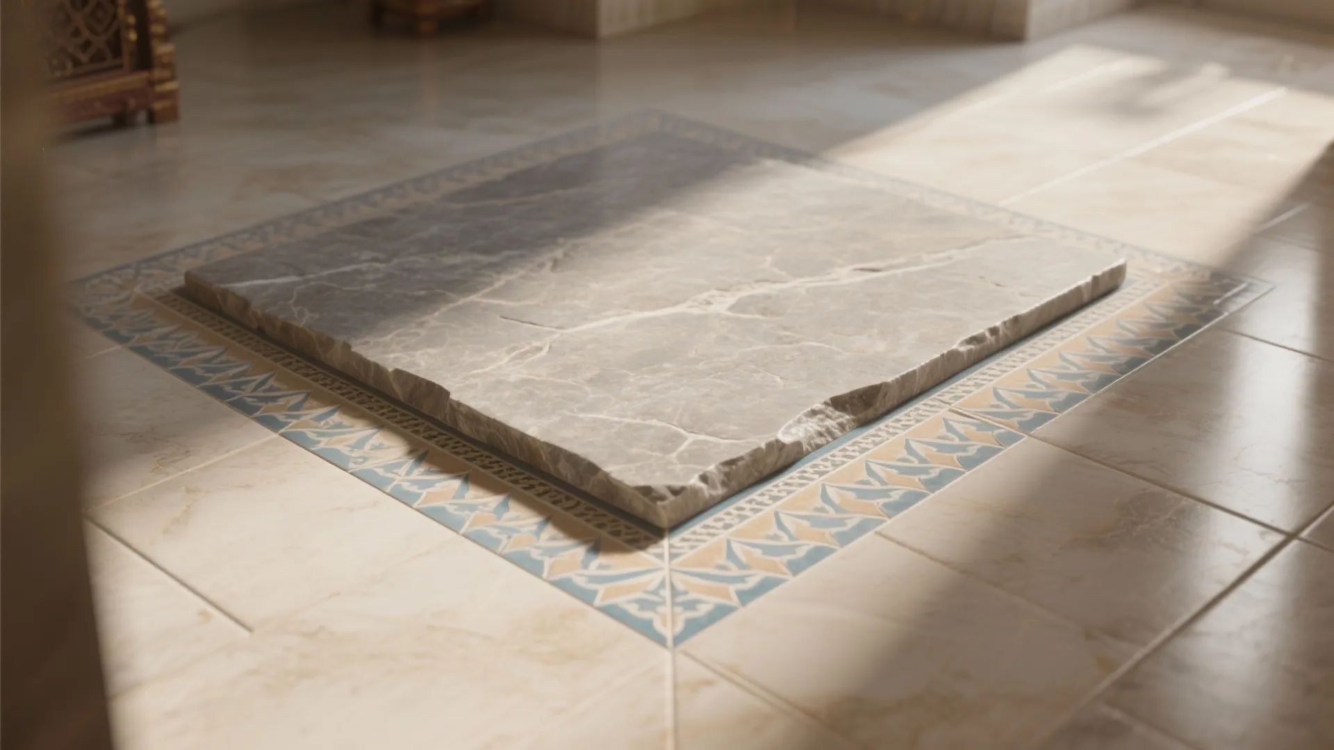 Honed Stone With Patterned Tile Borders