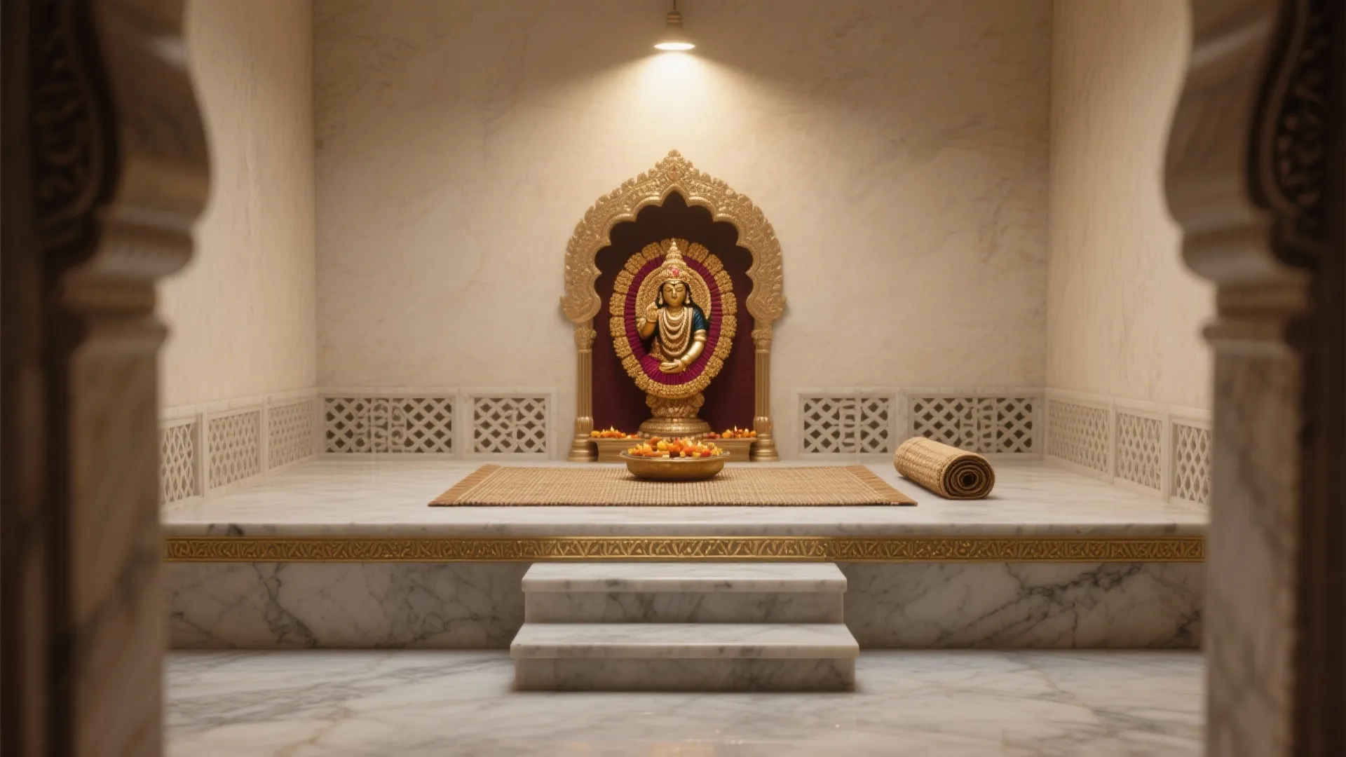 Traditional prayer room with marble floor golden statue wall panels and a small woven mat