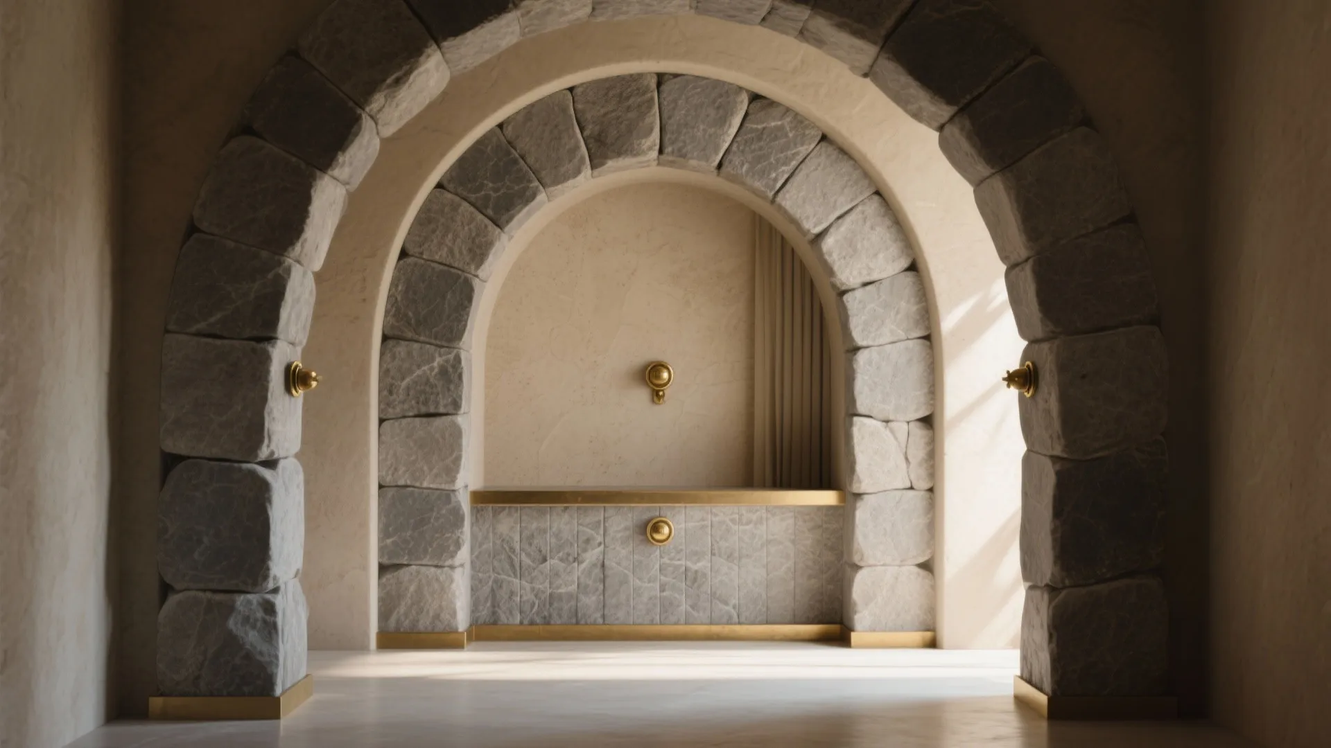 Interior design drawing with grey stone arch gold details beige walls and soft natural sunlight
