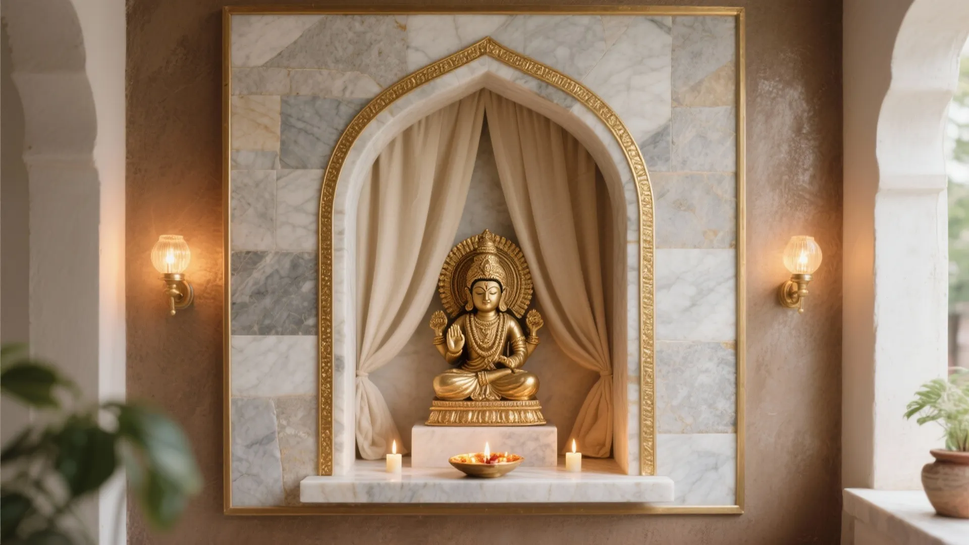 A golden statue inside a marble wall arch with cream curtains and two small wall lights