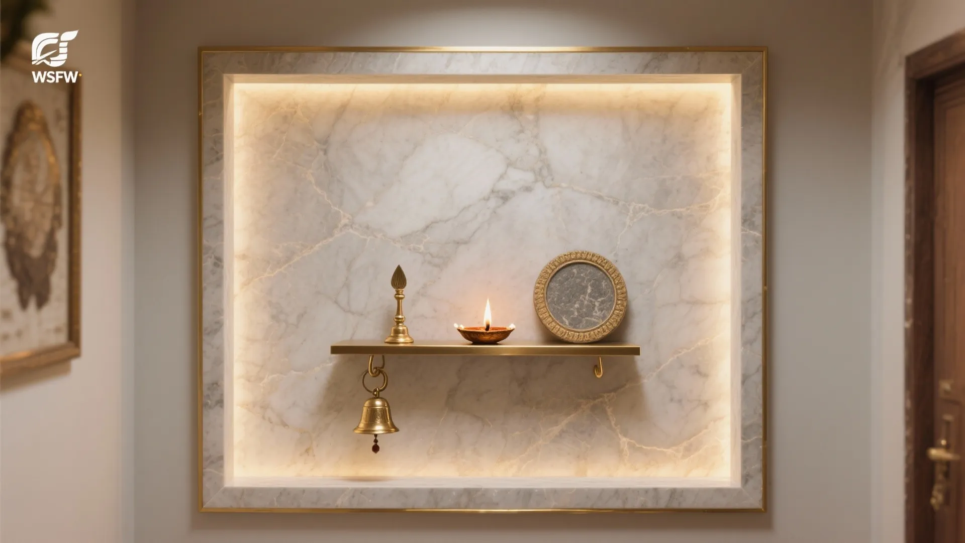 Marble wall niche with gold shelf holding a small candle and brass bell home decor