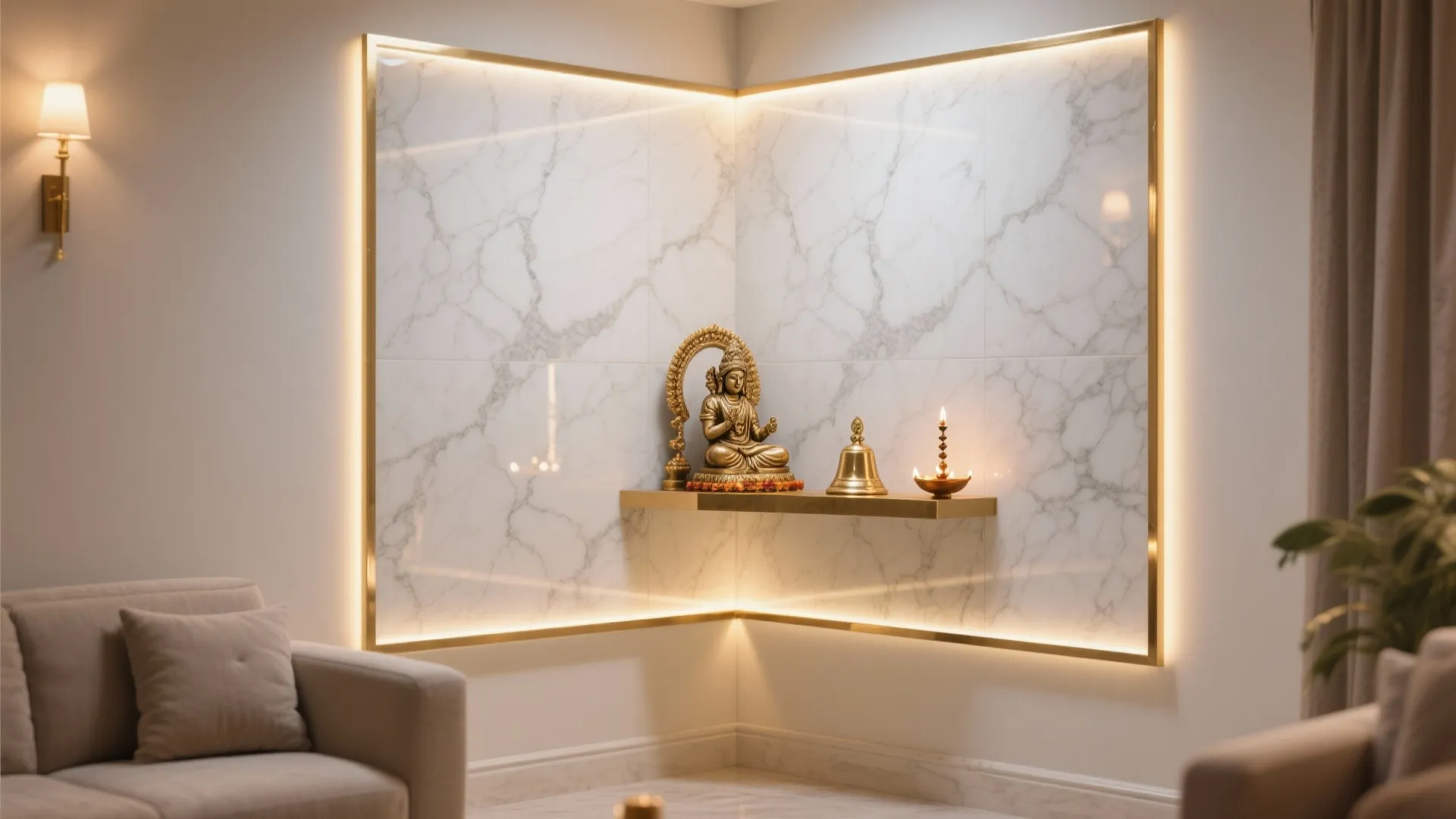 Corner wall panel with marble finish and gold lights featuring a small golden statue shelf