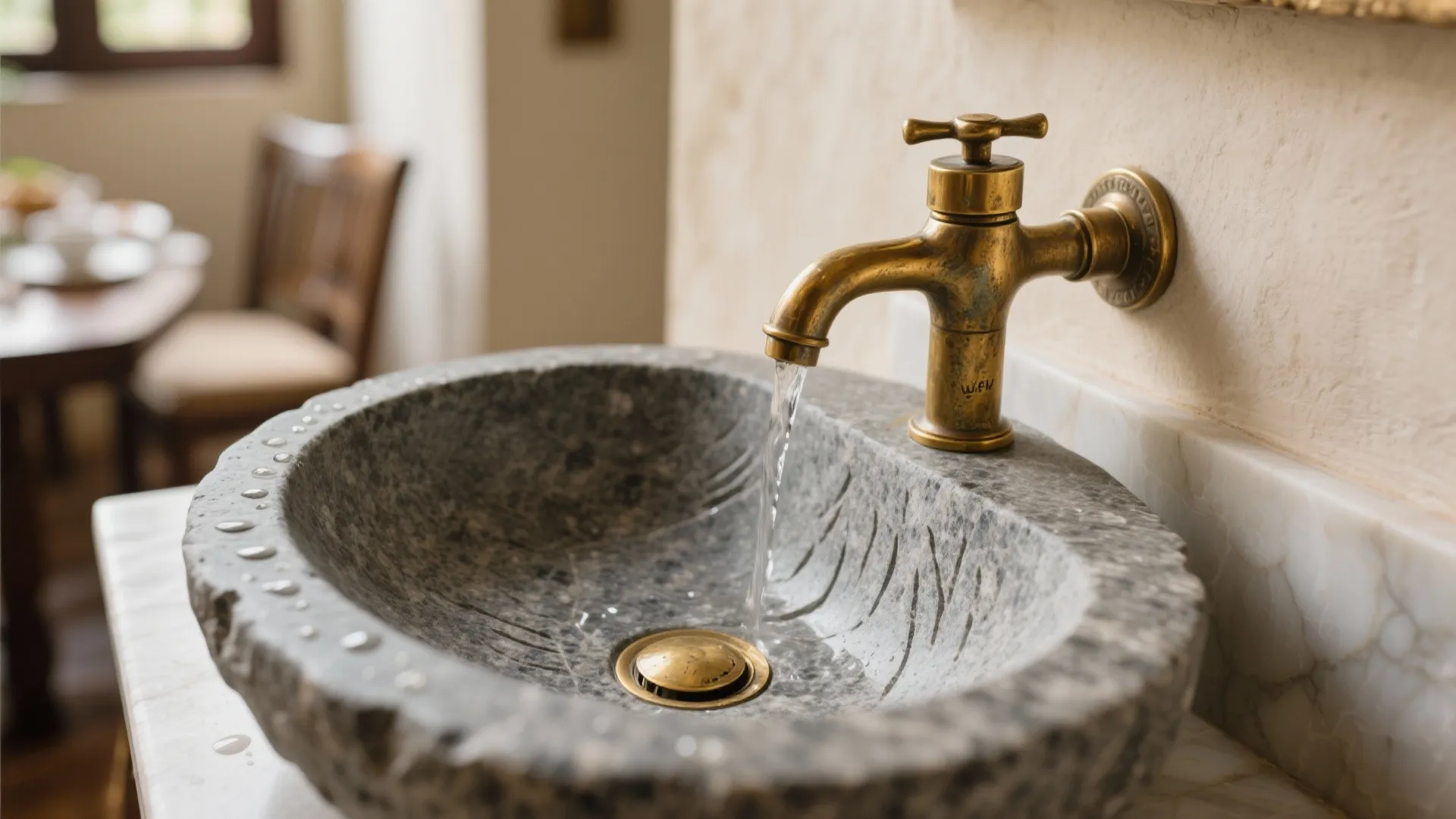 Close up of a stone sink with water running from a classic brass water tap