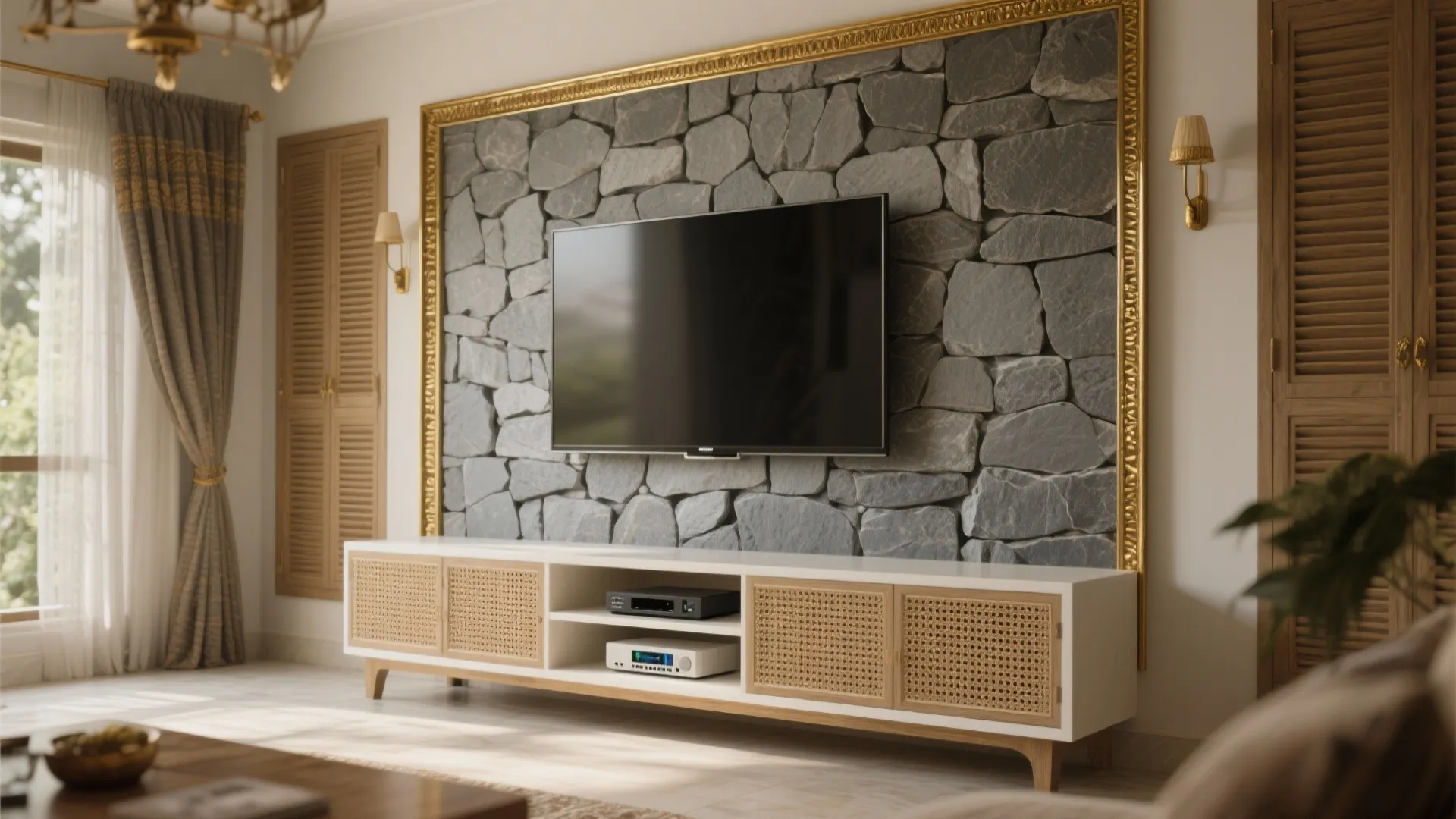 Stone-Clad TV Wall with Brass and Cane Details
