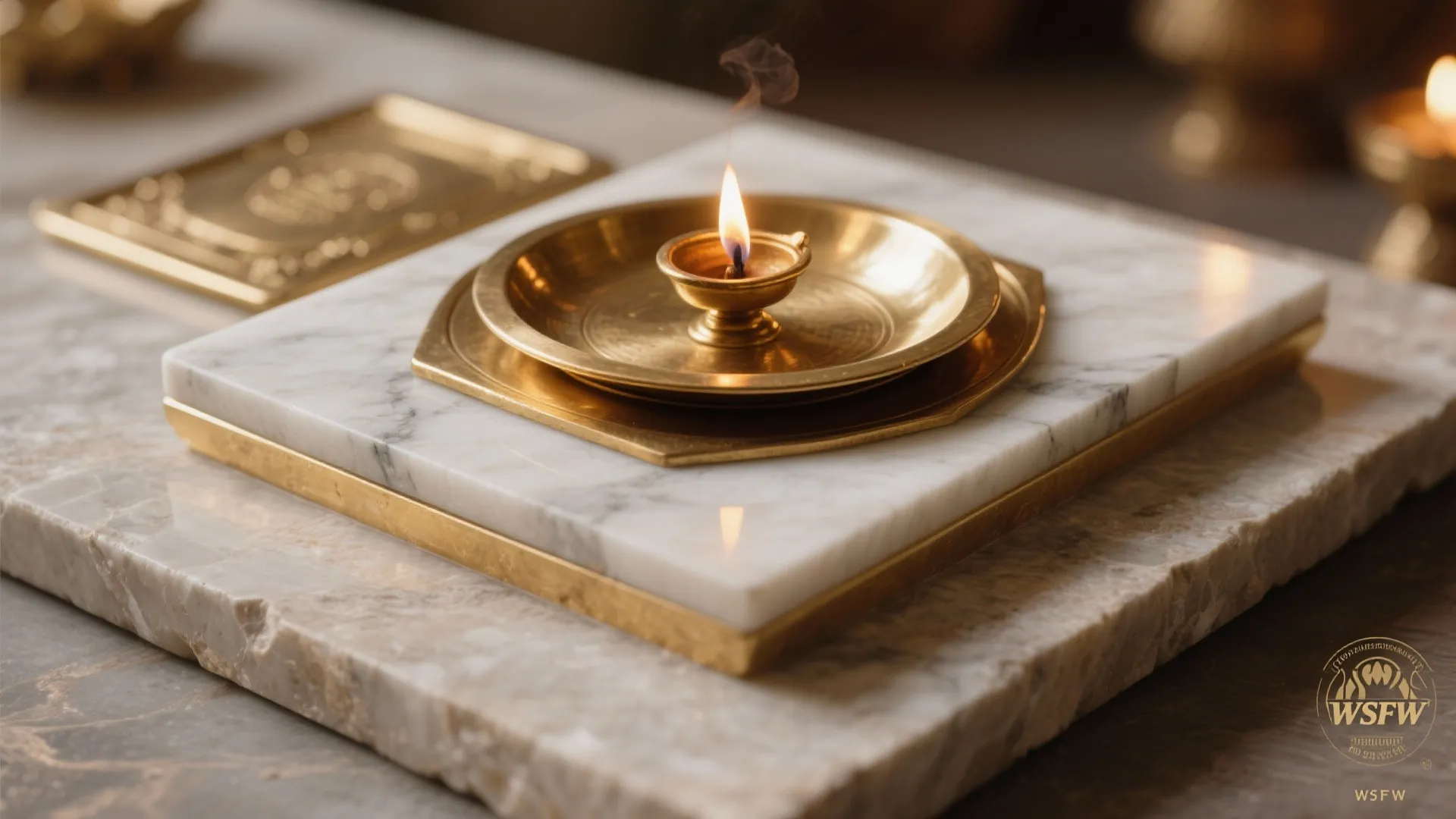Macro of brass heat plate on a stone pooja slab with subtle lip and clean margin.