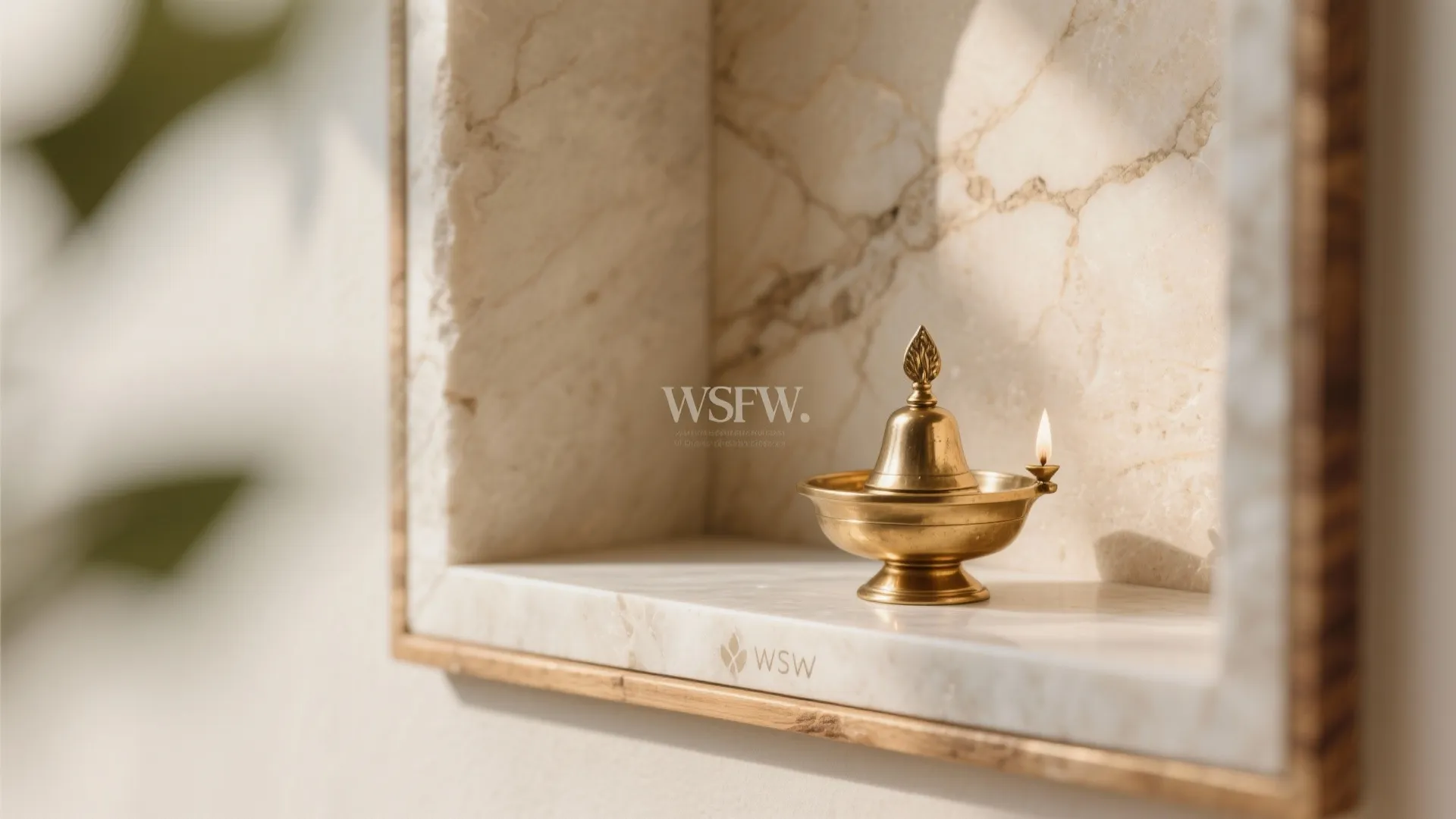 Close up of small brass lamp with flame sitting on white marble shelf inside wall niche