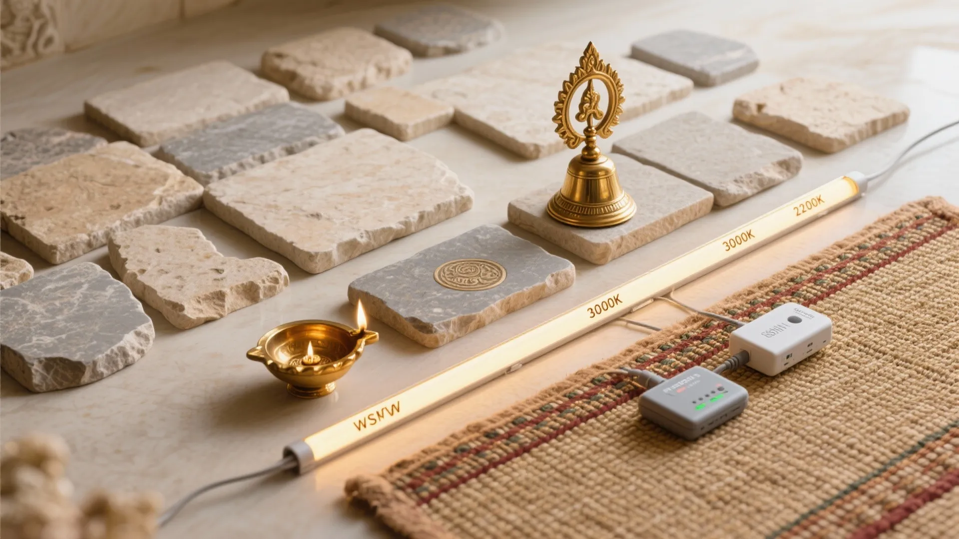 Natural Stone, Brass Details, and Warm-Dim Lighting