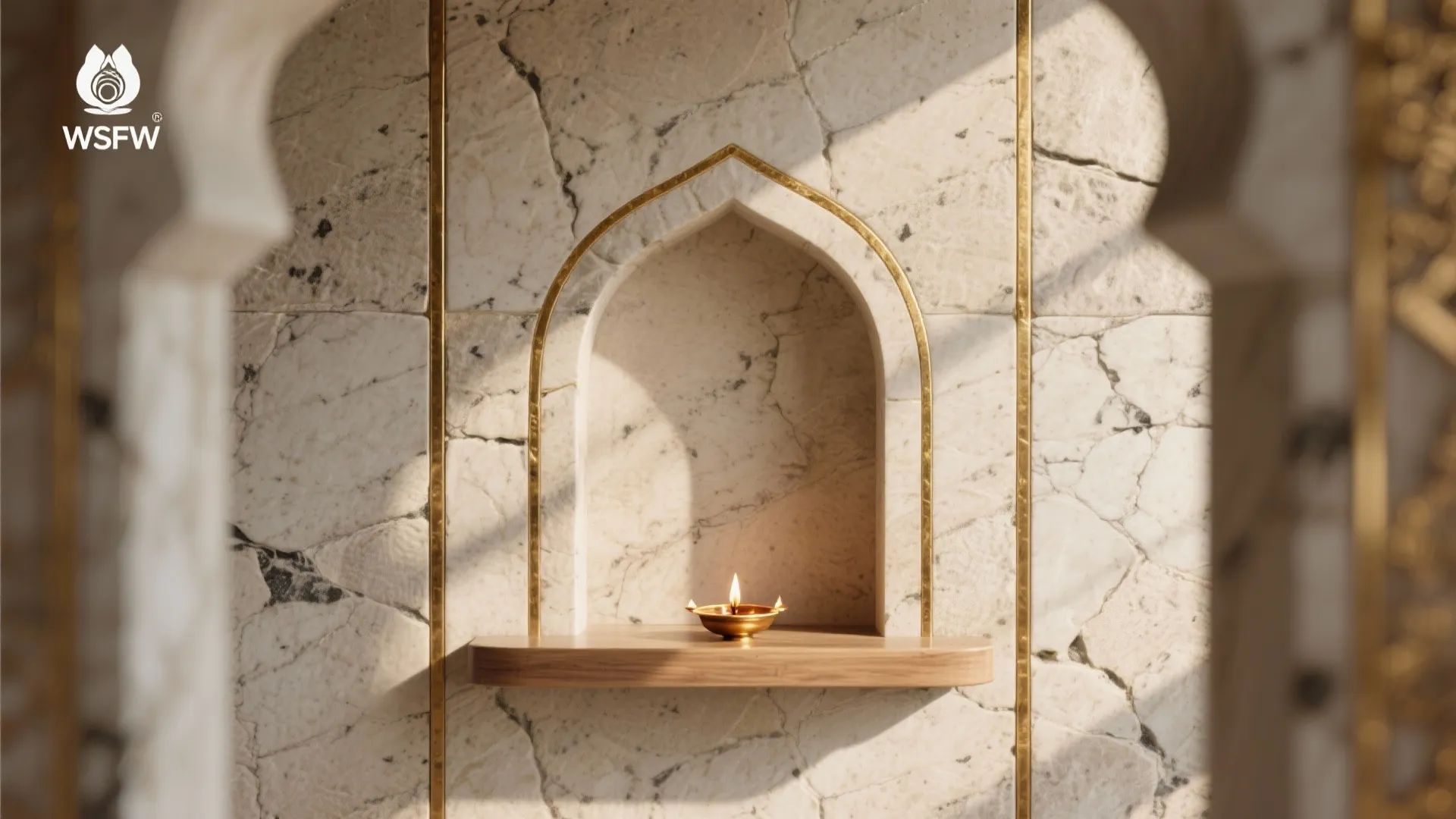 Textured stone wall with slender brass inlay lines creates a modern temple-like pooja niche.