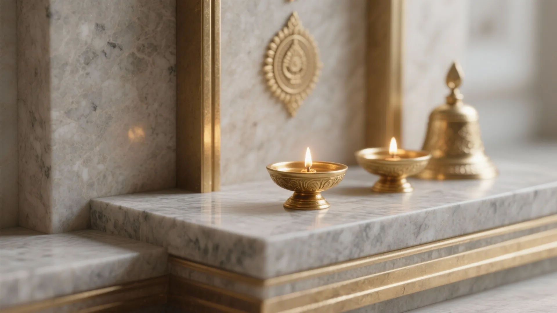Close up of two small brass oil lamps and gold bell on white marble wall shelf