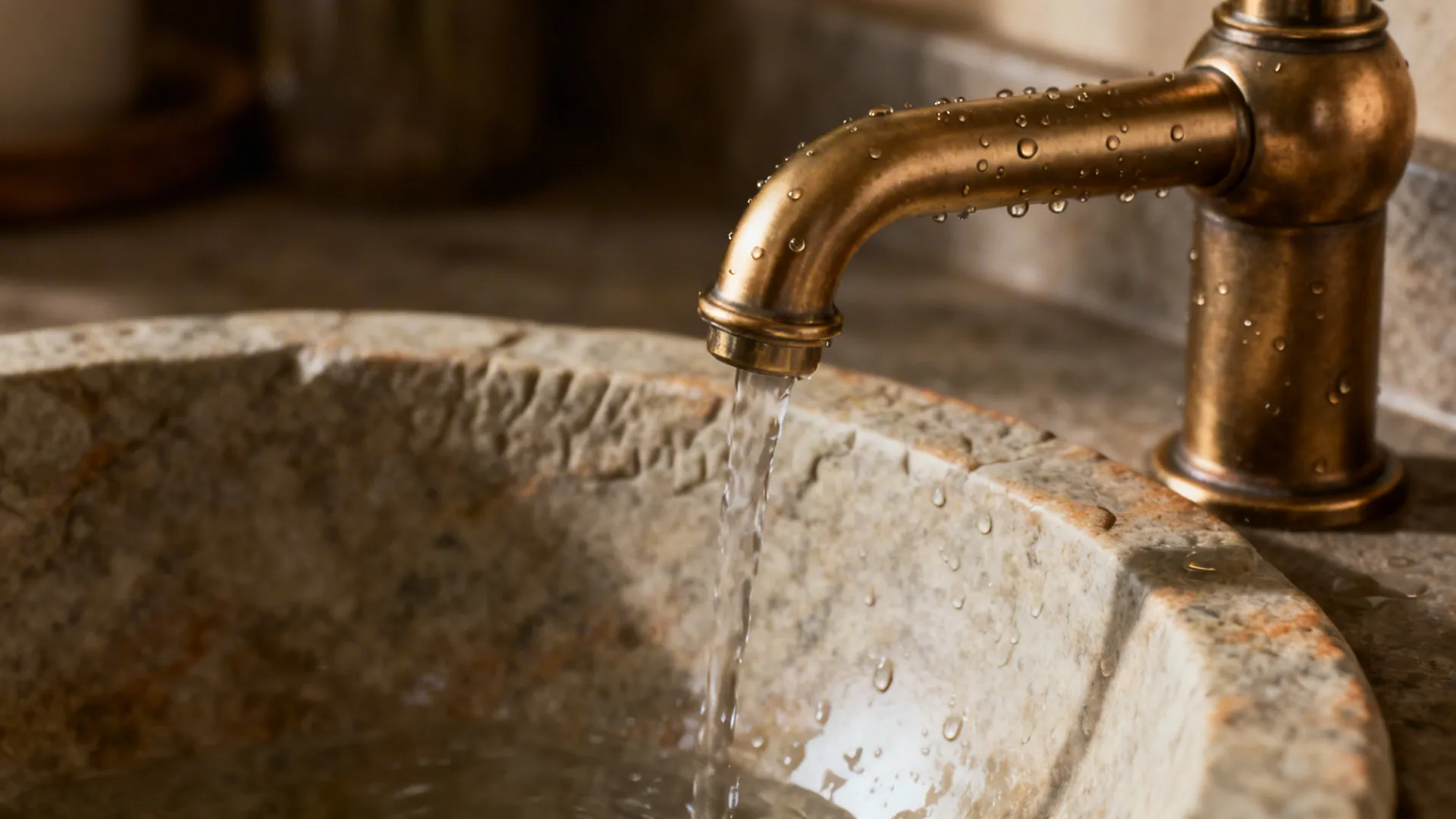 Close-up of chiseled stone bowl and brushed brass tap with warm light.