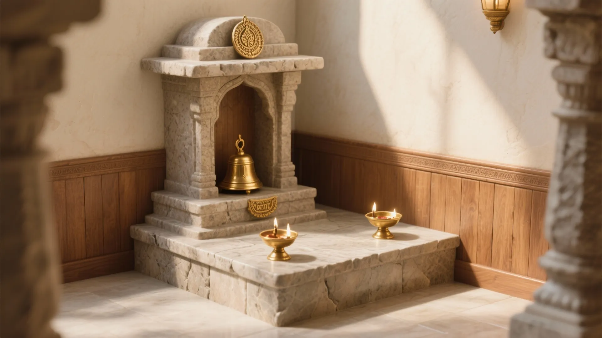 Traditional Corner Mandir with Stone and Brass