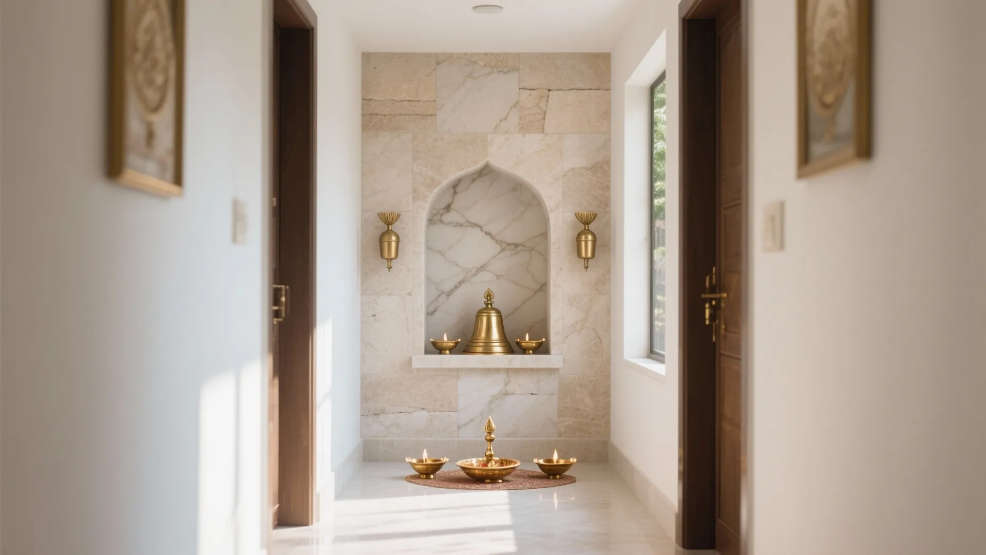 Bright hallway featuring marble wall niche with brass bell lamps and gold wall light fixtures decoration