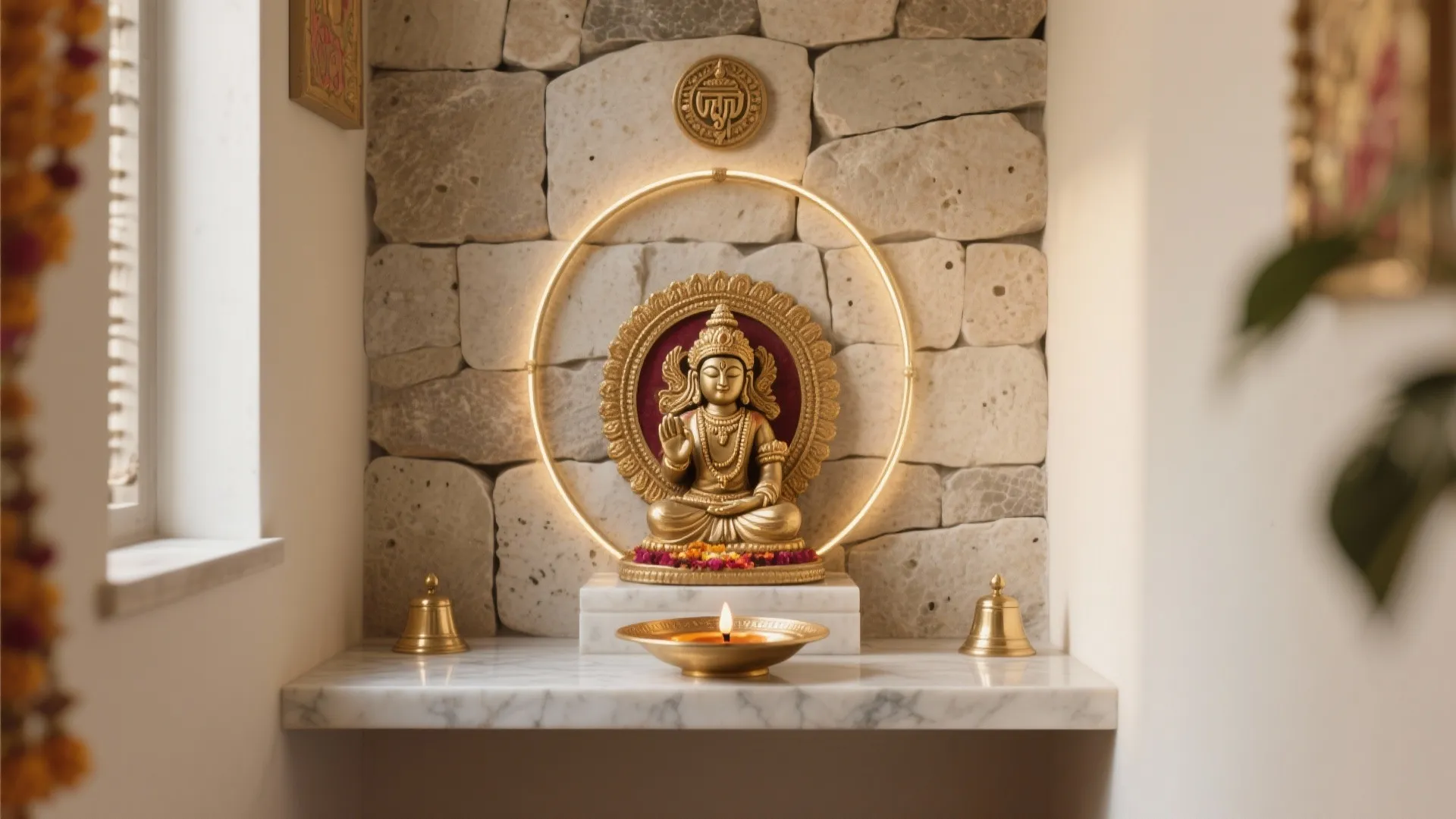 Honed stone pooja backdrop with a slim brass halo ring and soft daylight.